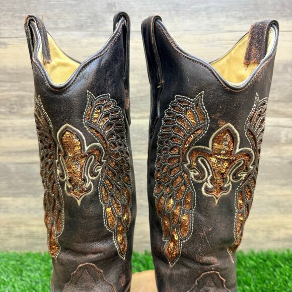 Corral Women - Size 7M - Brown Fleur De Lis Wings Cowboy Boots R2549 - Picture 3 of 11